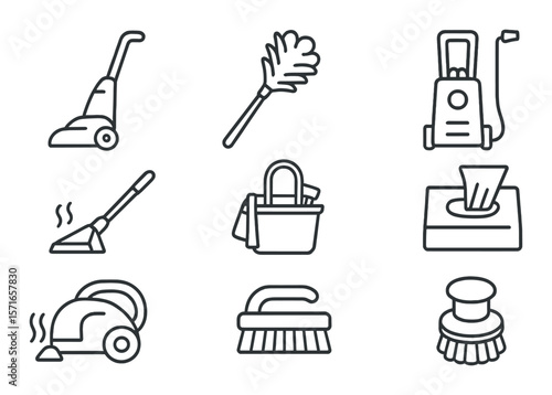 Home cleaning tools set. simple vacuum, mop, duster, broom, sponge, scrubber vector icons.
