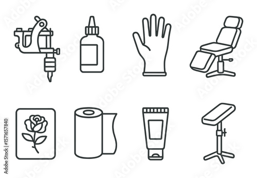 Tattoo studio essentials set. simple tools: machine, ink, gloves, chair, cream vector icons.