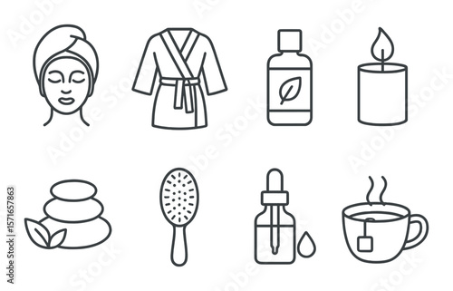Self care essentials set. wellness silhouette icons. candle, robe, oil, tea, bath vector icons.