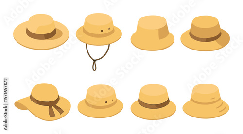 Sun hat set. stylish sun protection flat hats. fedora, bucket, straw, brim, summer vector icons.
