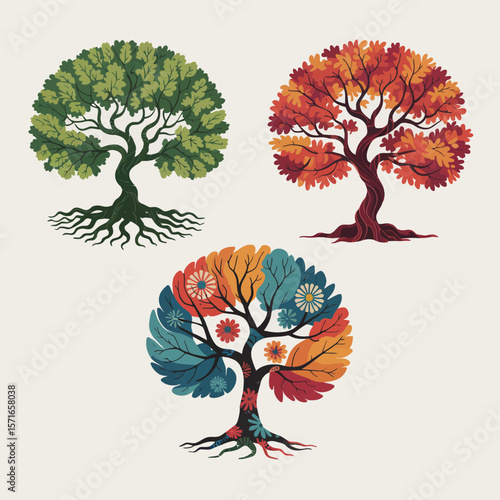 Three stylized trees representing different seasons and nature s beauty