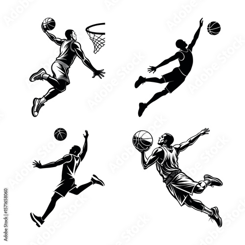 Dynamic basketball players in action slam dunking and shooting with a hoop silhouette