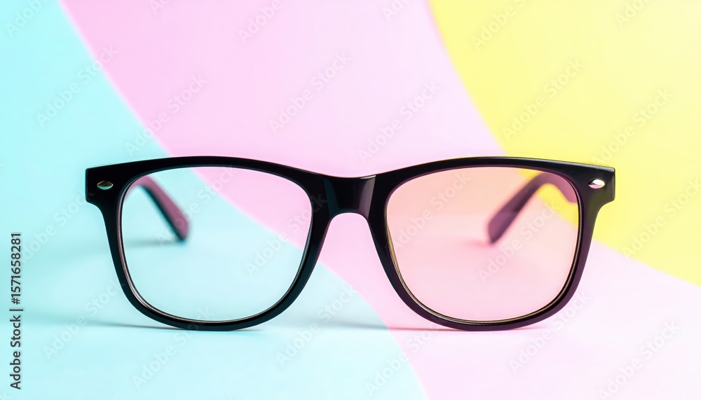 Stylish modern glasses on a vibrant, colorful geometric background of pink, blue, and yellow. Generated image Stylish modern glasses on a vibrant, colorful geometric background of pink, blue, and yellow. Generated image