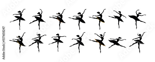 Elegant ballet dancers in various graceful poses showcasing artistic movement and classical dance silhouette