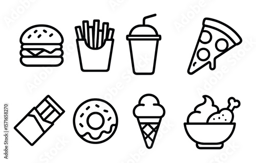 Junk food icon set. fast food silhouette: burger, fries, milkshake, pizza, snacks vector icons