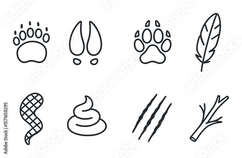 Wild animal tracks set. wildlife footprint silhouette icons. paw, hoof, feather, fur, dung vector icons.