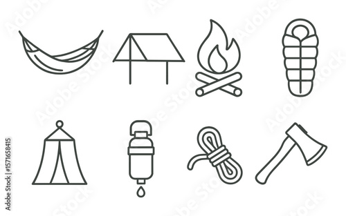Camping set. outdoor adventure linear icons. hammock, tent, fire, sleeping bag, ax vector icons.