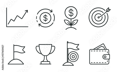 Financial growth icon set. simple economic, chart, target, trophy, wallet vector icons.