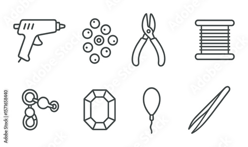 Handicraft tools set. simple outline icons: glue, beads, pliers, thread, balloon, tweezers