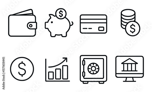 Finance essentials icon set. wallet, piggy bank, card, coin, bank linear vector icons.