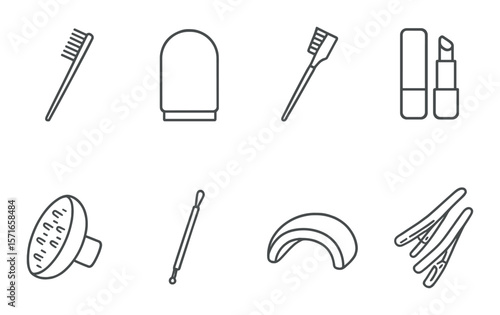 Beauty tools set. personal care simple icons. brush, lipstick, comb, razor, glove vector icons