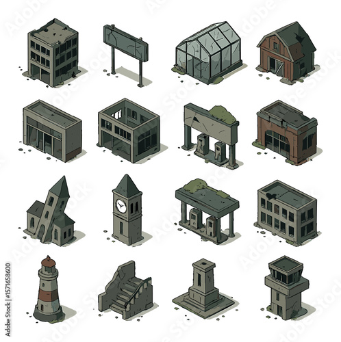 Abandoned architecture set. simple icons: building, ruin, clock, tower, sign vector icons