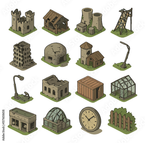 Abandoned structure set. urban decay simple icons: factory, silo, clock, greenhouse vector icons.