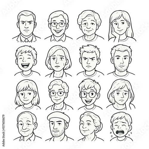 Faces of emotions set. expressive silhouette icons: happy, sad, angry, neutral, surprised vector icons.