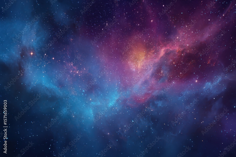 Fototapeta premium Colorful nebula in a vibrant galaxy background showcasing deep blues, purples, and fiery oranges illuminated by distant stars