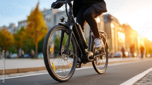 A cyclist effortlessly riding on a bike lane with an electric bicycle.
