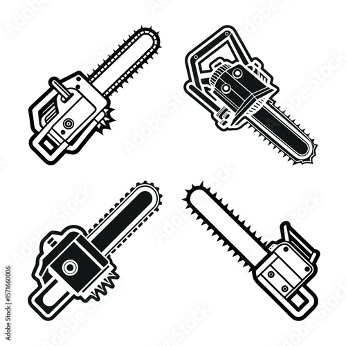 Set of four stylized chainsaw icons in a bold graphic silhouette design on a white background
