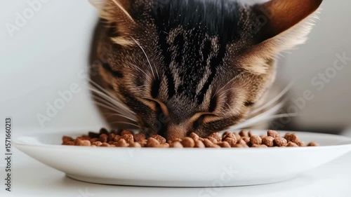 Cat enjoying food from a plate on a white surface in a cozy indoor setting