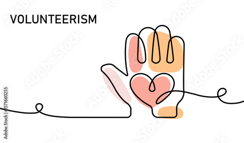 Line art illustration of a hand with a heart shape, symbolizing volunteer efforts and community service. The image conveys themes of charity, kindness, and helping others through universal support