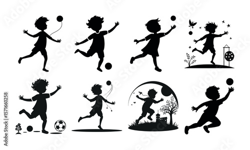 Collection of active children playing with balls and toys in various outdoor scenes silhouette