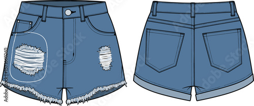 Stylish Denim Shorts with Distressed Details and Frayed Hem for Summer Fashion, Casual Wear