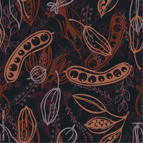 Botanical seamless vector pattern with hand-drawn seedpods. Sketch  illustration.