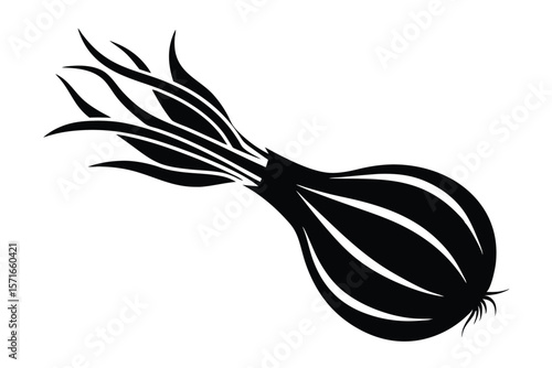 Stylized Black and White Illustration of an Onion with Long, Curving Leaves