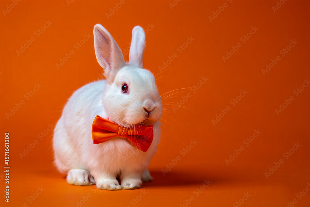 Obraz premium Adorable white rabbit with bow tie on orange background pet photography studio animal portrait cute bunny