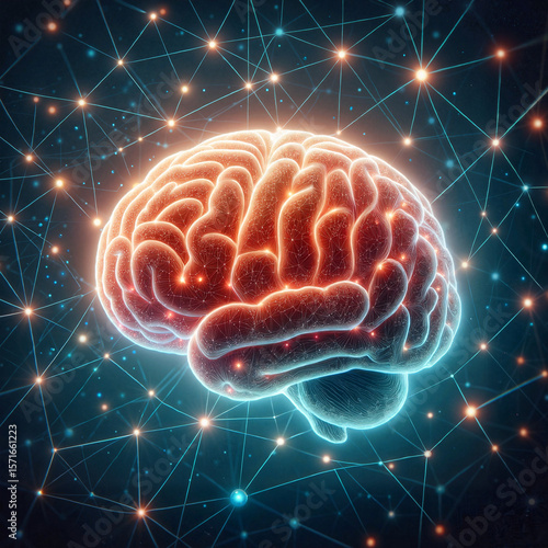 Glowing brain with neural connections on dark background illustrating artificial intelligence, neural networks, and advanced technology concepts for AI research and tech branding