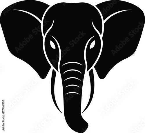 A baby elephant head with oversized ears and a short trunk in cute pose silhouette Vector
