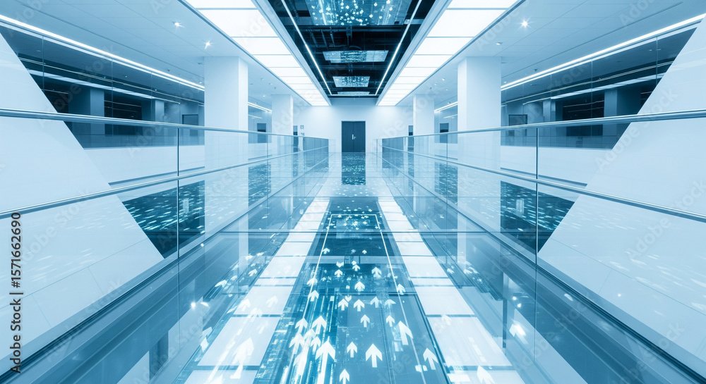 Fototapeta premium Modern interior features a bright hallway with glass railings and unique directional floor design.