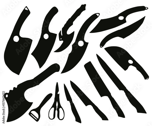 Professional Kitchen Knives, peeler, scissor icon. Kitchen Knife Silhouette Vector Set, Chef Tools and Culinary Cutlery Icons. Logo Design for Meat Shop. Cooking classes and food education silhouette.