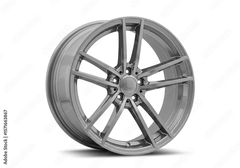 A single silver car rim with a modern spoke design isolated on a white studio background close up view A single silver car rim with a modern spoke design isolated on a white studio background close up view