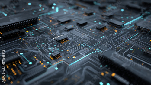 Abstract grey high tech background consisting of printed circuit board circles and other technological elements. Digital communication, data protection, futuristic presentation, science cover.