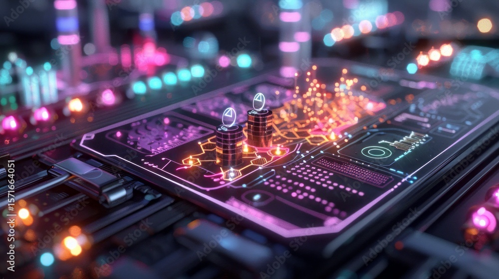 Fototapeta premium Futuristic Technology Display: Neon Circuits, Data Processing, and Cybernetic Innovation Unveiled in Vivid Detail.