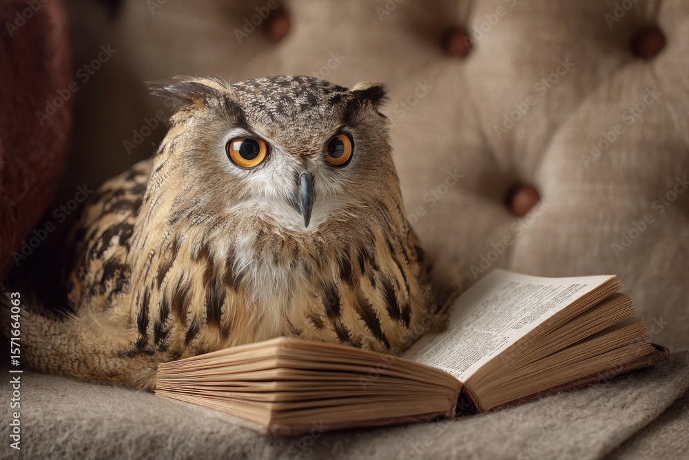 custom made wallpaper toronto digitalOwl engages in reading a book on a cozy sofa, showcasing a love for learning and knowledge in a tranquil indoor setting