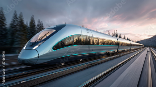 Fototapeta Naklejka Na Ścianę i Meble -  Fast modern express passenger train no high speed railway in hyperloop moving from flash light. Futuristic technology, hi tech future digital transport, hyperloop concept. Low pole 3d abstract
