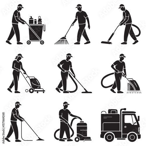 Collection of cleaning service icons showing workers with brooms vacuums floor scrubbers and cleaning cart