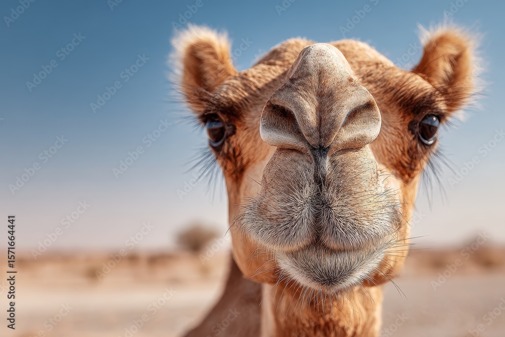 Fototapeta premium Funny portrait of a camel in the desert showing its quirky expressions while basking in the sun against a clear blue sky