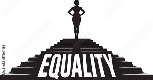 Silhouette of woman standing on stairs with bold equality text symbolizing strength and equal rights
