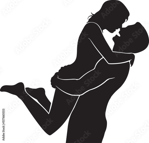 Romantic Couple Silhouette Man Lifting Woman Love Pose Black and White Vector Art Illustration