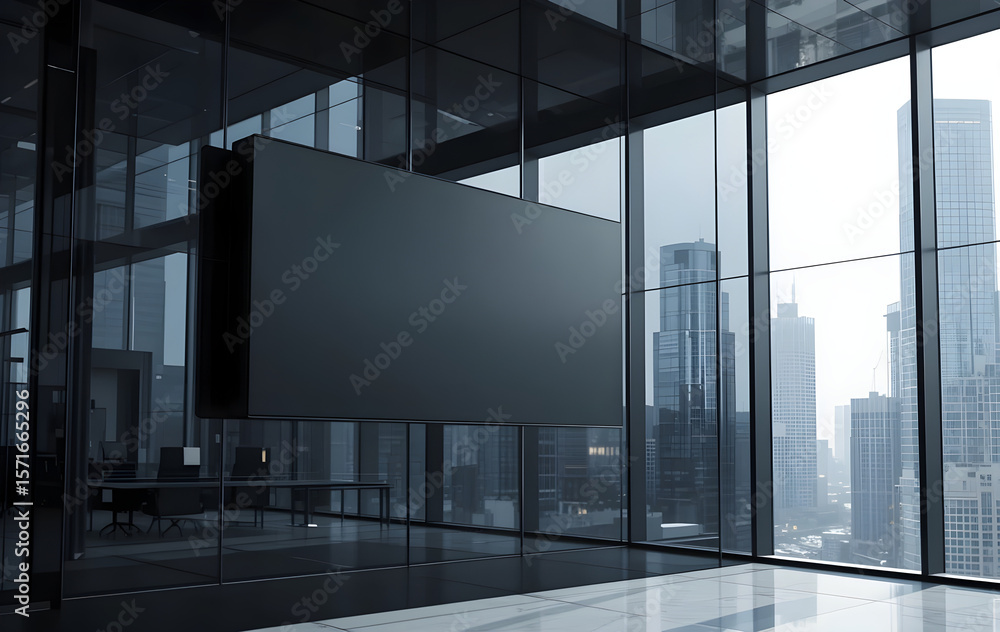 Fototapeta premium Modern Office with Blank Screen and Cityscape View