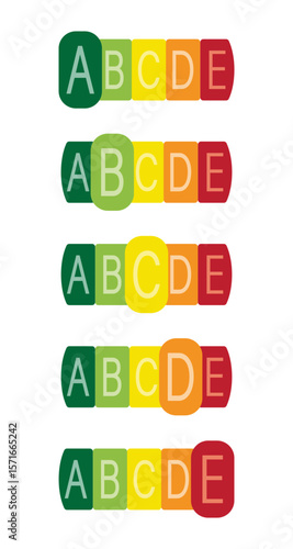 A collection of Nutri Score labels with gradation letters. Food nutritional quality labels, product rating system. A system for assessing the nutritional value of food. Quality mark. Vector illustrati