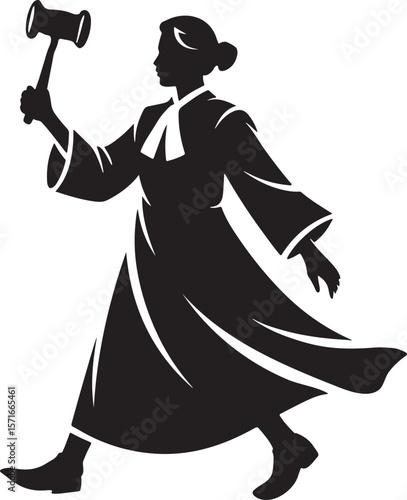 Silhouette of female judge holding gavel in robe walking justice law court legal authority illustration