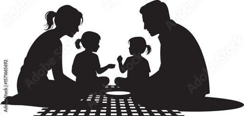 Silhouette of family with parents and two children having picnic on blanket outdoor bonding illustration