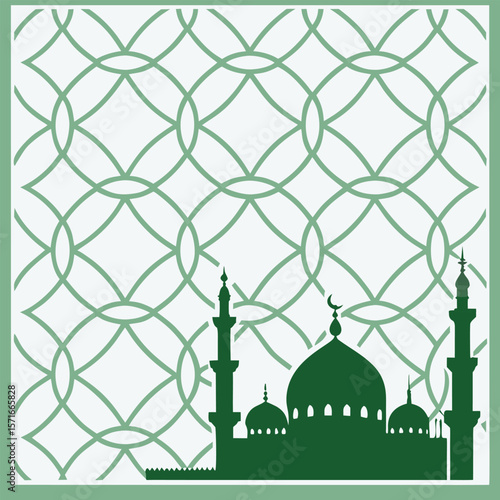 Islamic Mosque Silhouette with Geometric Pattern Background – Green Islamic Art for Ramadan, Eid, and Religious Designs