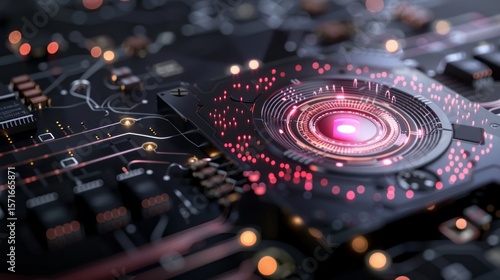 Intricate circuit board with glowing elements evoking advanced technology and futuristic innovations, dark background.