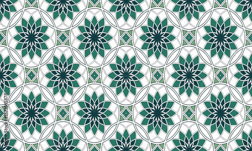 Islamic geometric floral pattern with green petals in circular grid – seamless arabesque tile ornament for backgrounds, wallpapers, and decorative Islamic design

