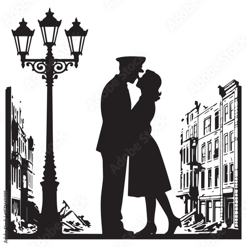 Romantic silhouette of a soldier kissing his beloved under a vintage street lamp in a city setting