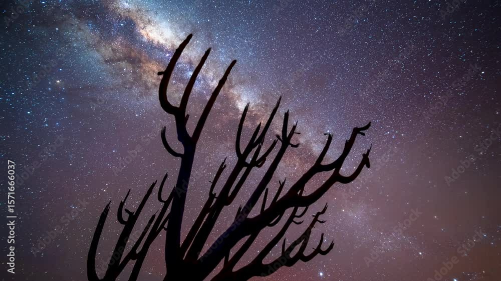 Static time-lapse of the night sky, revealing the majestic Milky Way, visible satellites, and the bright planet Jupiter, framed by the striking silhouette of a dry desert tree.